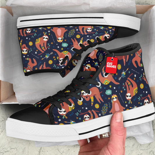 Sloth Boho Pattern High Top Sneakers Custom Shoes PT2607-cuztomshoes.com