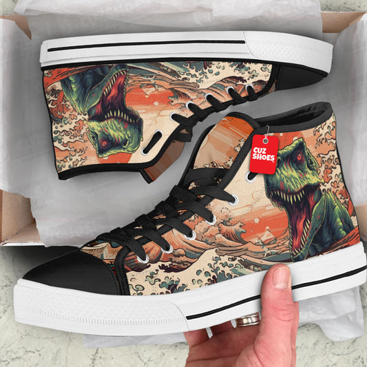 T-rex Kanagawa Wave High Top Sneakers Dinosaur Custom Shoes PT1007-cuztomshoes.com