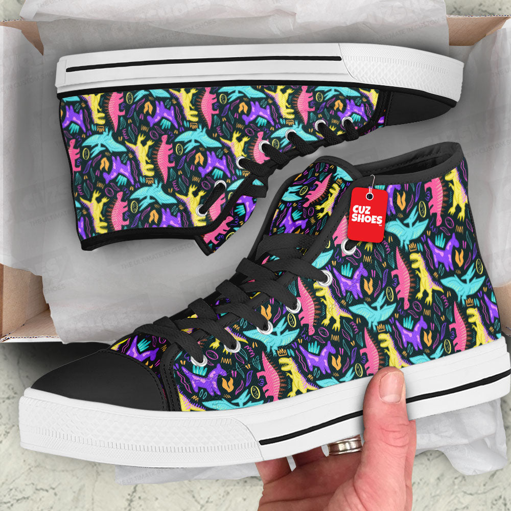 Dinosaur Neon Colors Pattern High Top Sneakers Custom Shoes PT1907-cuztomshoes.com