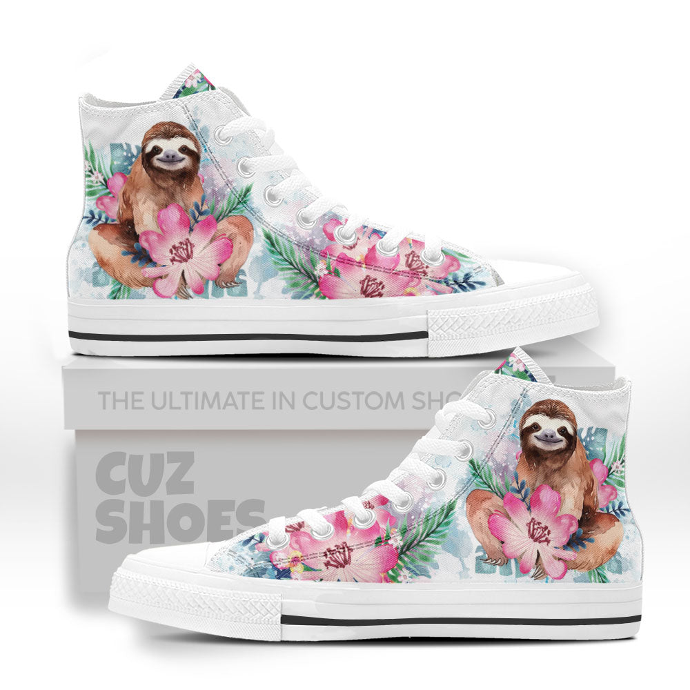 Sloth Flowers Watercolor High Top Sneakers Custom Shoes PT2607-cuztomshoes.com