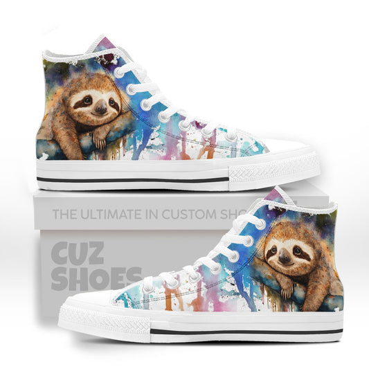 Sloth Watercolor High Top Sneakers Custom Shoes PT2607-cuztomshoes.com