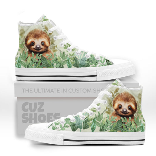 Sloth Green Leaves Watercolor High Top Sneakers Custom Shoes PT2607-cuztomshoes.com