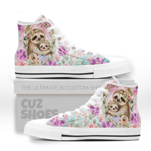 Sloth Family Floral Watercolor High Top Sneakers Custom Shoes PT2607-cuztomshoes.com