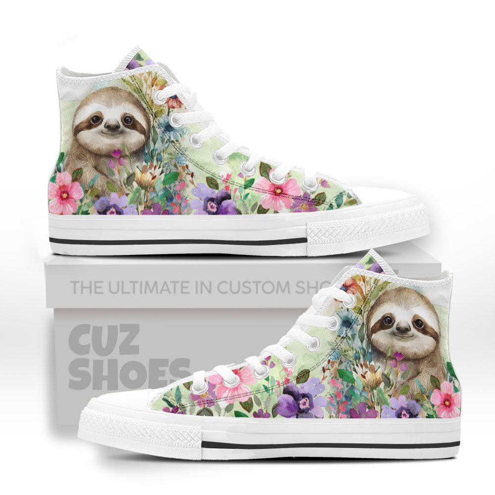 Sloth Watercolor Florals High Top Sneakers Custom Shoes PT2607-cuztomshoes.com