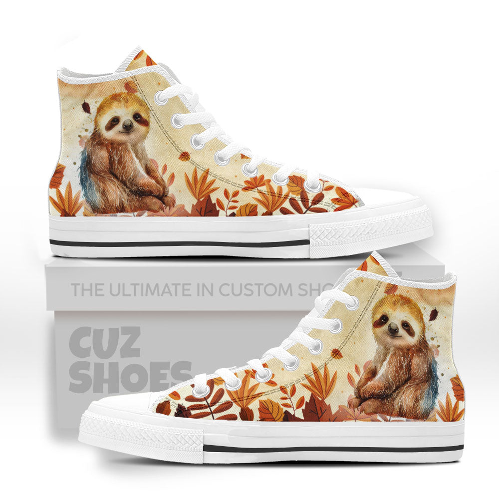 Sloth Fall Leaves Watercolor High Top Sneakers Custom Shoes PT2607-cuztomshoes.com