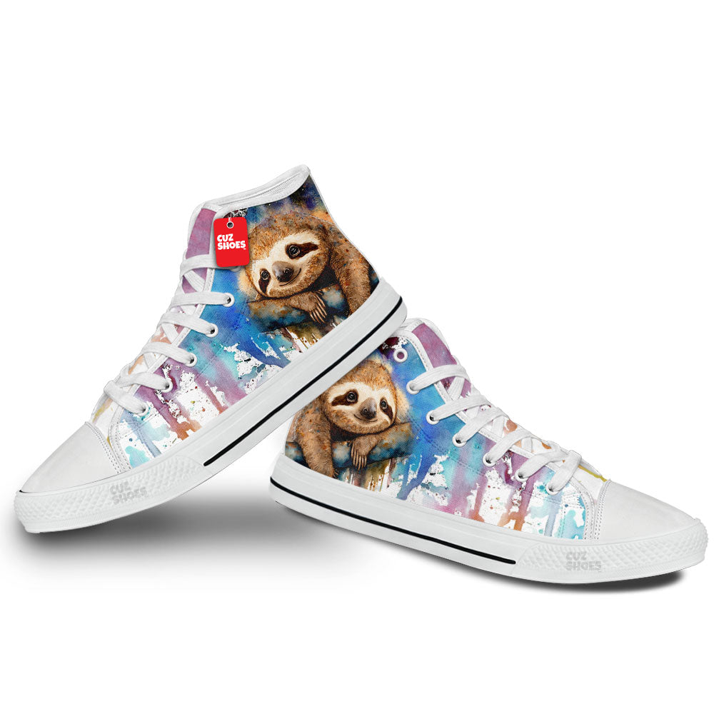 Sloth Watercolor High Top Sneakers Custom Shoes PT2607-cuztomshoes.com