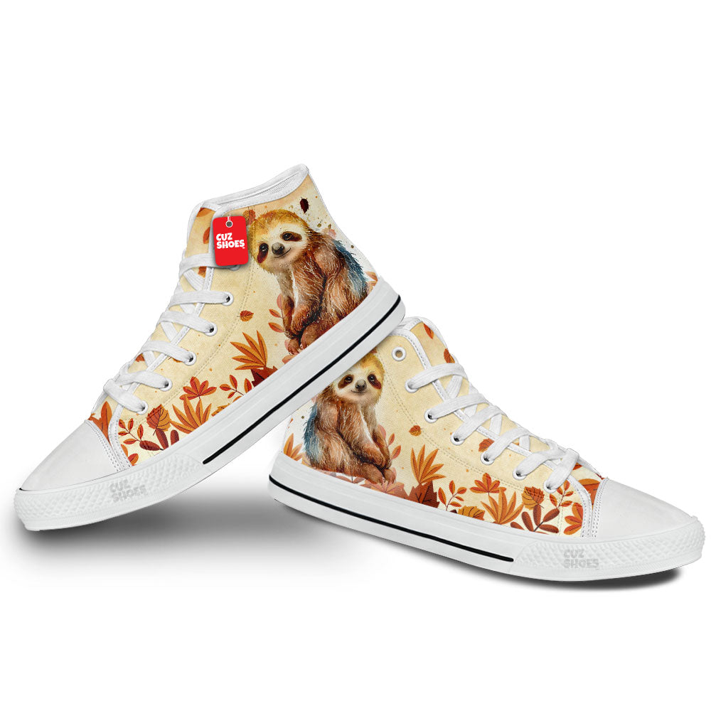 Sloth Fall Leaves Watercolor High Top Sneakers Custom Shoes PT2607-cuztomshoes.com