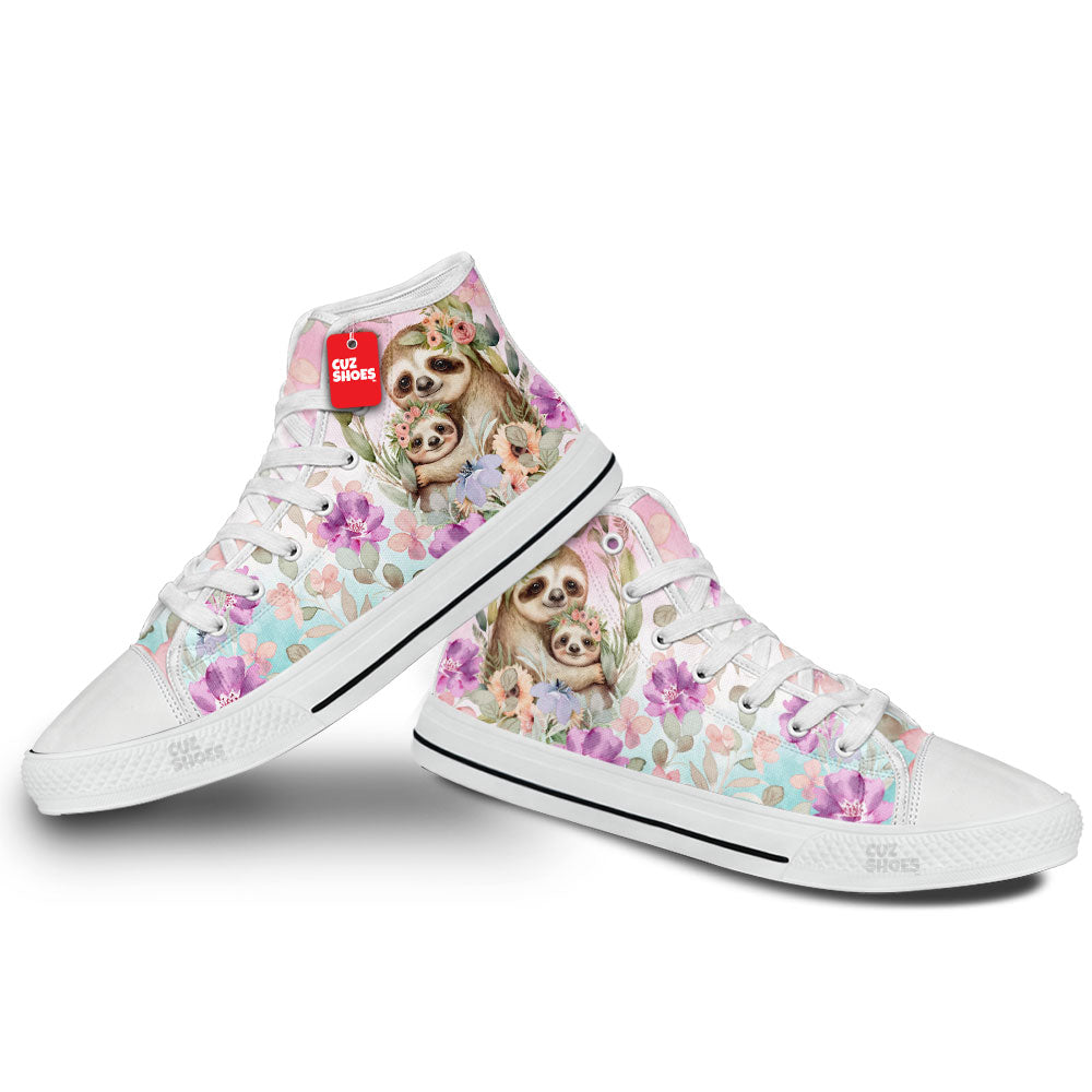 Sloth Family Floral Watercolor High Top Sneakers Custom Shoes PT2607-cuztomshoes.com