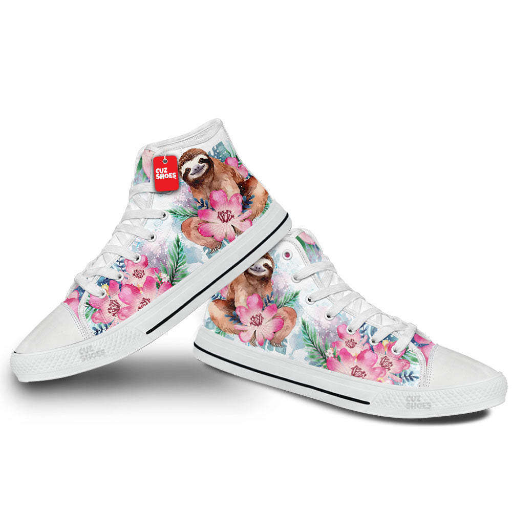 Sloth Flowers Watercolor High Top Sneakers Custom Shoes PT2607-cuztomshoes.com