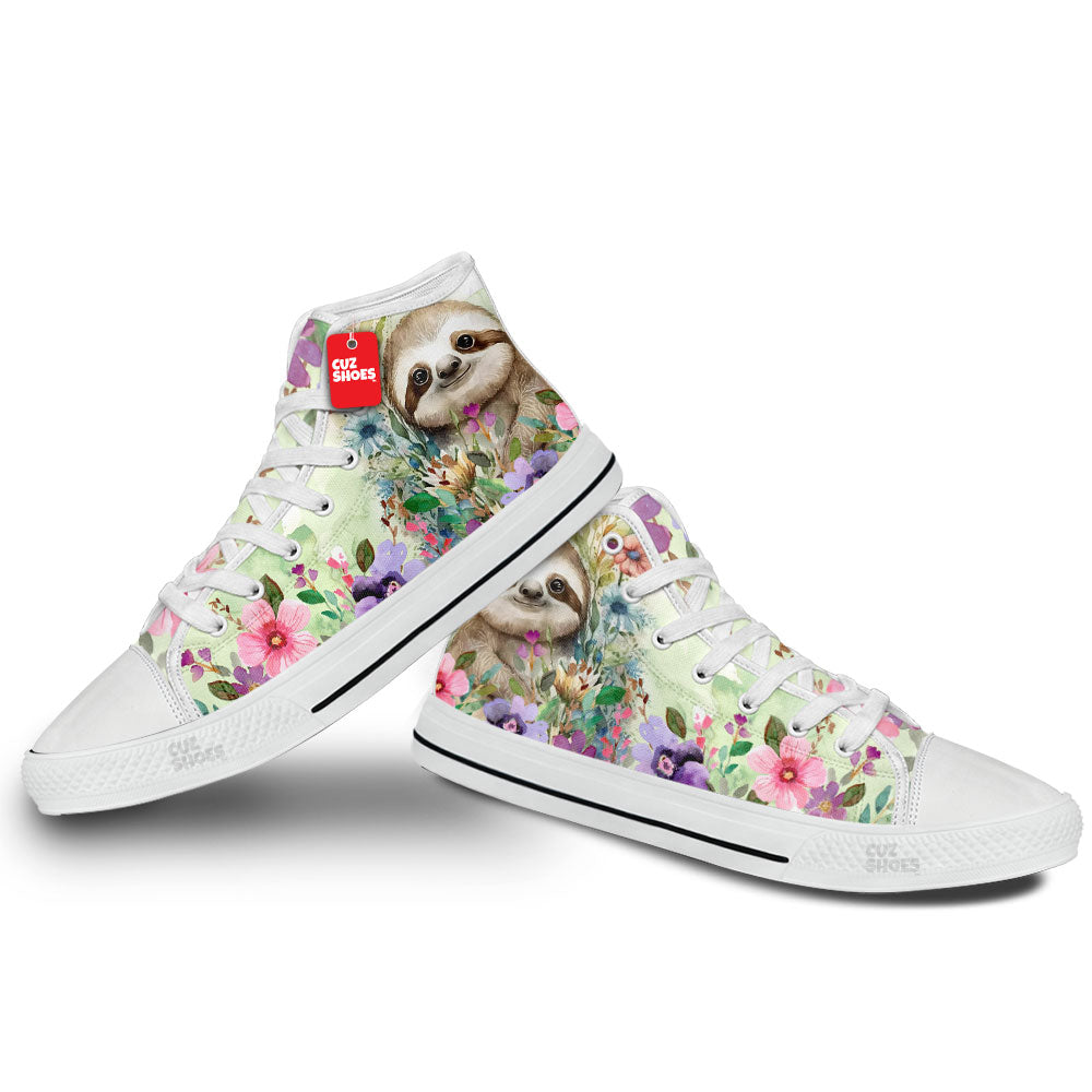 Sloth Watercolor Florals High Top Sneakers Custom Shoes PT2607-cuztomshoes.com