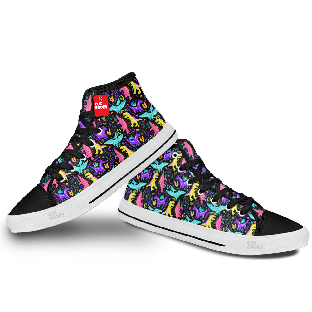 Dinosaur Neon Colors Pattern High Top Sneakers Custom Shoes PT1907-cuztomshoes.com