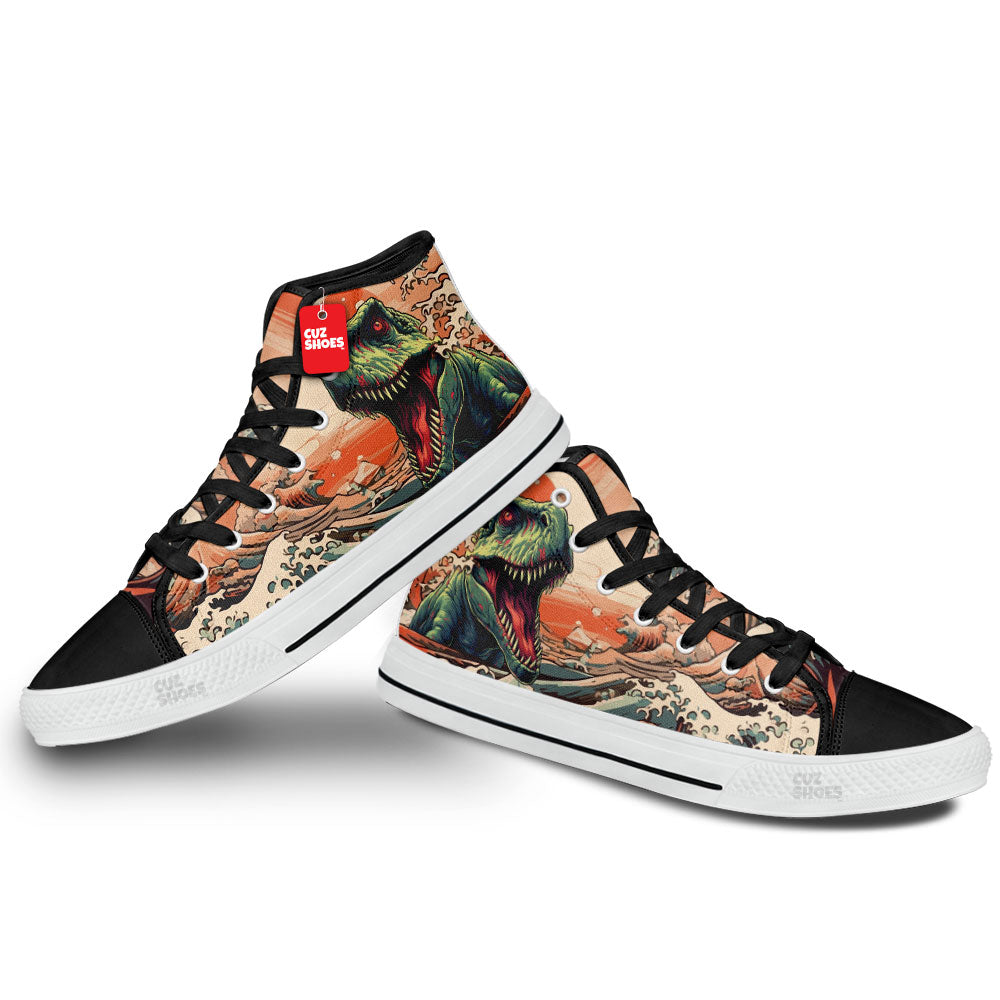 T-rex Kanagawa Wave High Top Sneakers Dinosaur Custom Shoes PT1007-cuztomshoes.com