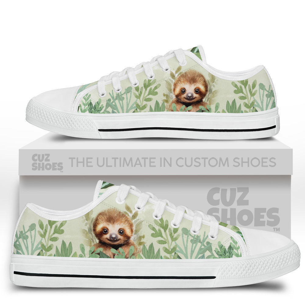 Sloth Green Leaves Watercolor Low Top Sneakers Custom Shoes PT2607-cuztomshoes.com