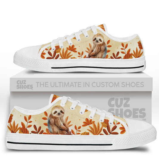 Sloth Fall Leaves Watercolor Low Top Sneakers Custom Shoes PT2607-cuztomshoes.com