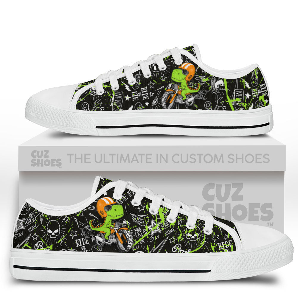 T-rex Biker Funny Low Top Sneakers Dinosaur Custom Shoes PT1807-cuztomshoes.com