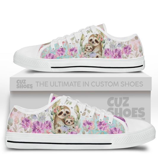 Sloth Family Floral Watercolor Low Top Sneakers Custom Shoes PT2607-cuztomshoes.com