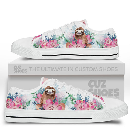 Sloth Flowers Watercolor Low Top Sneakers Custom Shoes PT2607-cuztomshoes.com