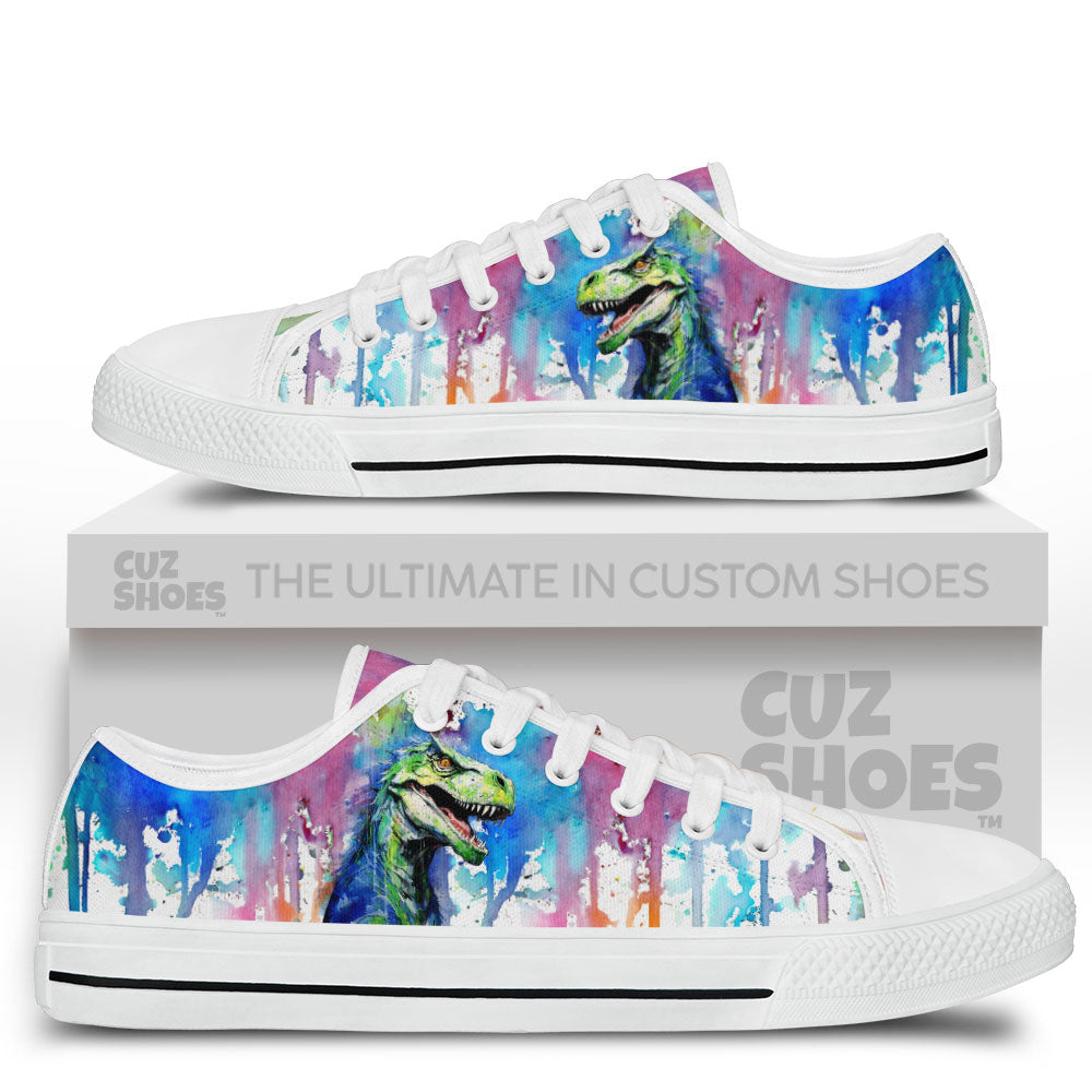 T-rex Watercolor Low Top Sneakers Dinosaur Custom Shoes PT0507-cuztomshoes.com