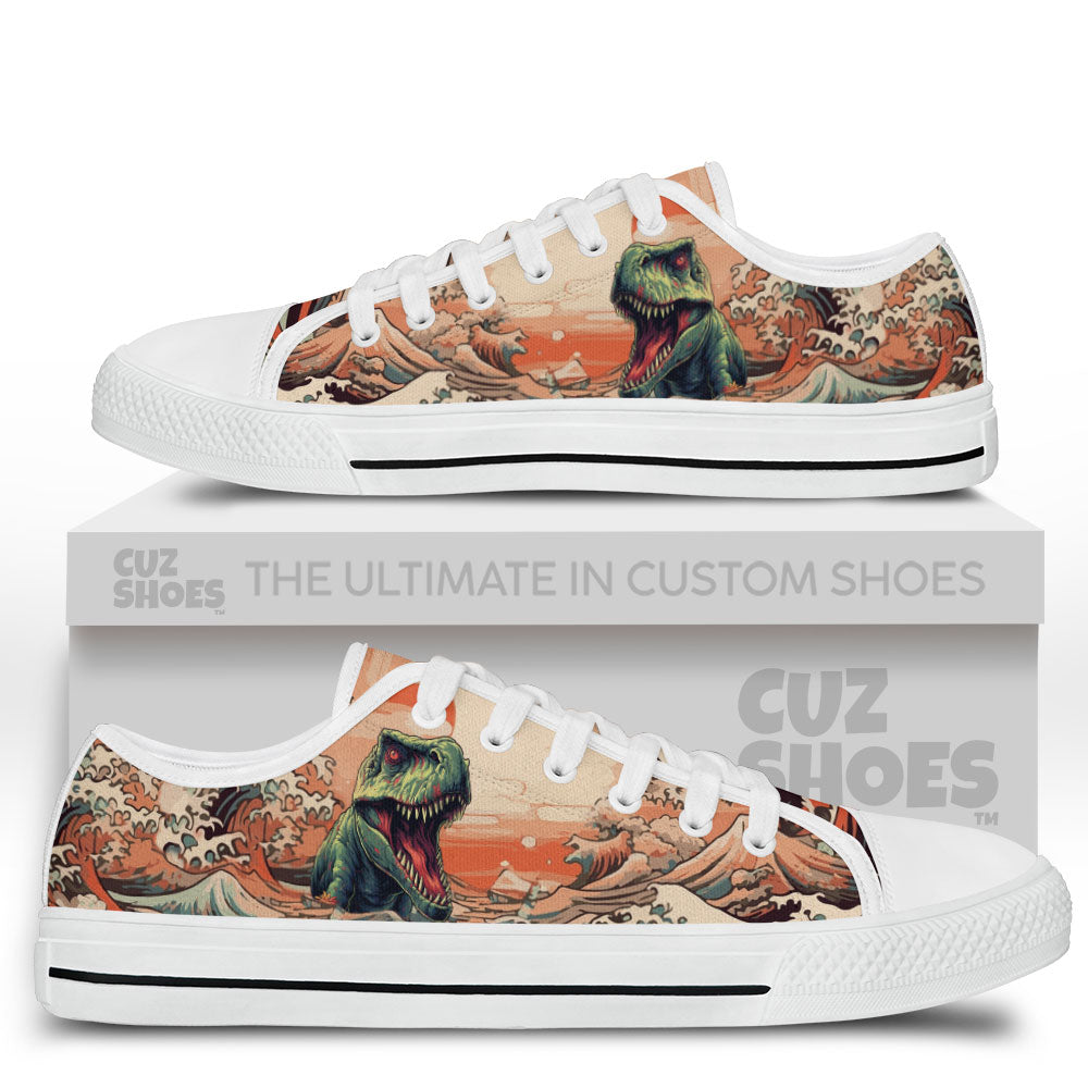 T-rex Kanagawa Wave Low Top Sneakers Dinosaur Custom Shoes PT1007-cuztomshoes.com