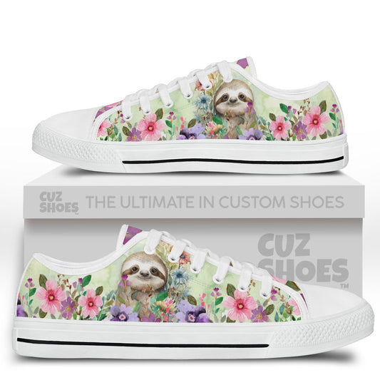 Sloth Watercolor Florals Low Top Sneakers Custom Shoes PT2607-cuztomshoes.com