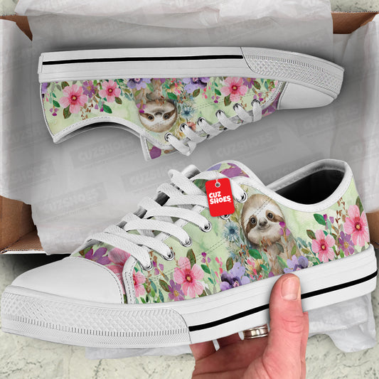 Sloth Watercolor Florals Low Top Sneakers Custom Shoes PT2607-cuztomshoes.com