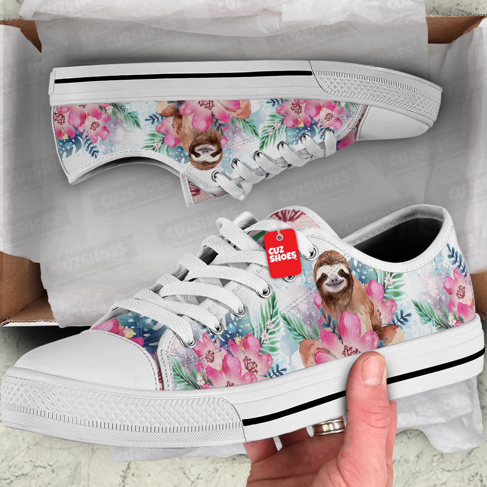 Sloth Flowers Watercolor Low Top Sneakers Custom Shoes PT2607-cuztomshoes.com