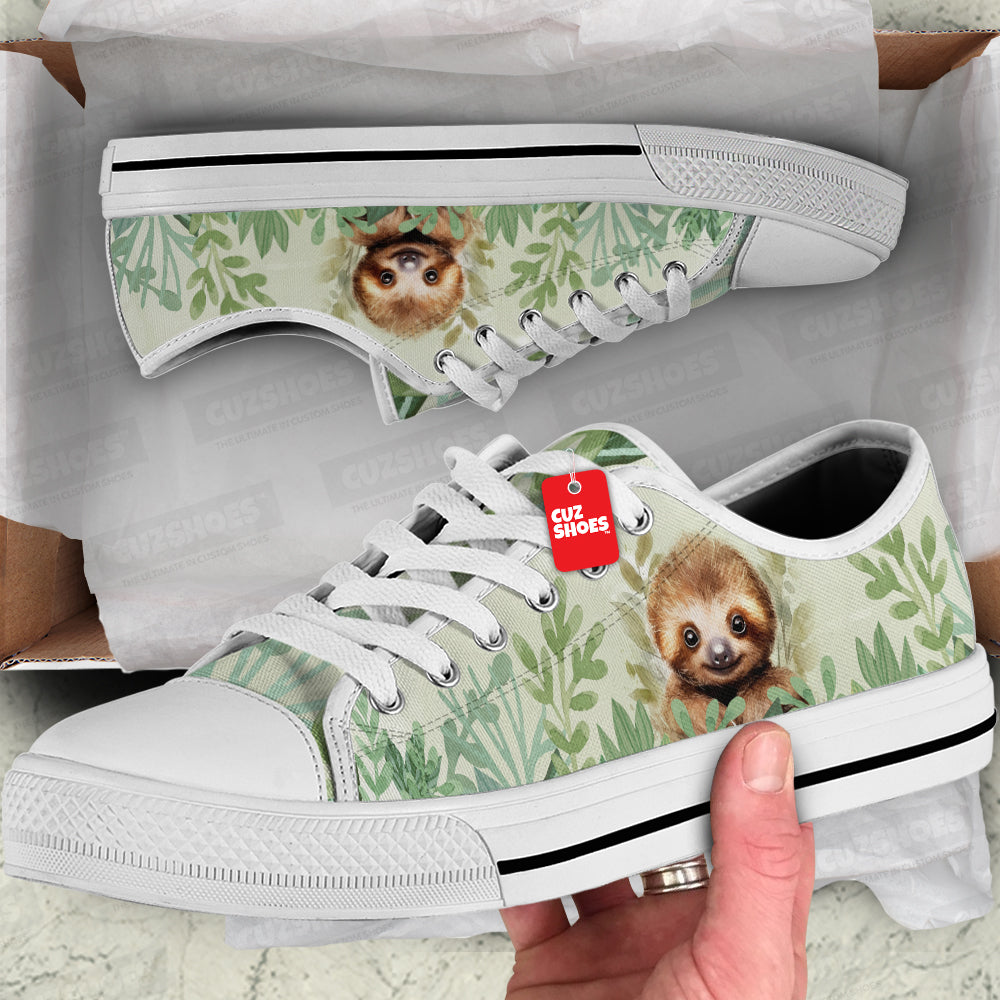 Sloth Green Leaves Watercolor Low Top Sneakers Custom Shoes PT2607-cuztomshoes.com