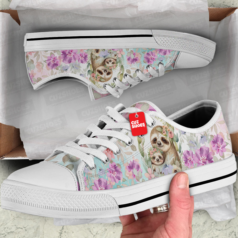 Sloth Family Floral Watercolor Low Top Sneakers Custom Shoes PT2607-cuztomshoes.com