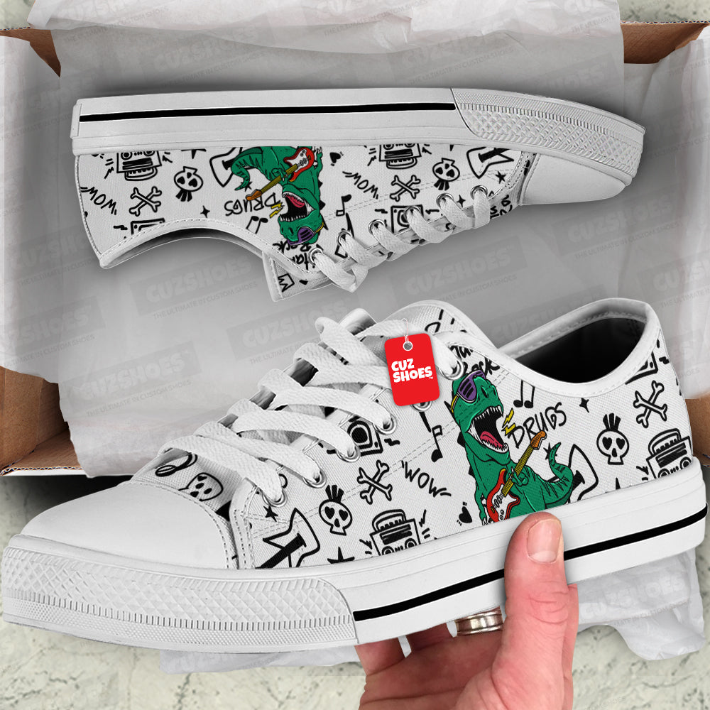 T-rex Rock And Roll Low Top Sneakers Dinosaur Custom Shoes PT1807-cuztomshoes.com